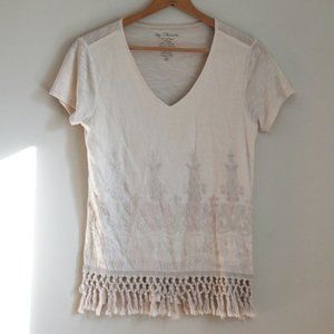 Chico's Cream Tan Embroidered Top with Tassels
